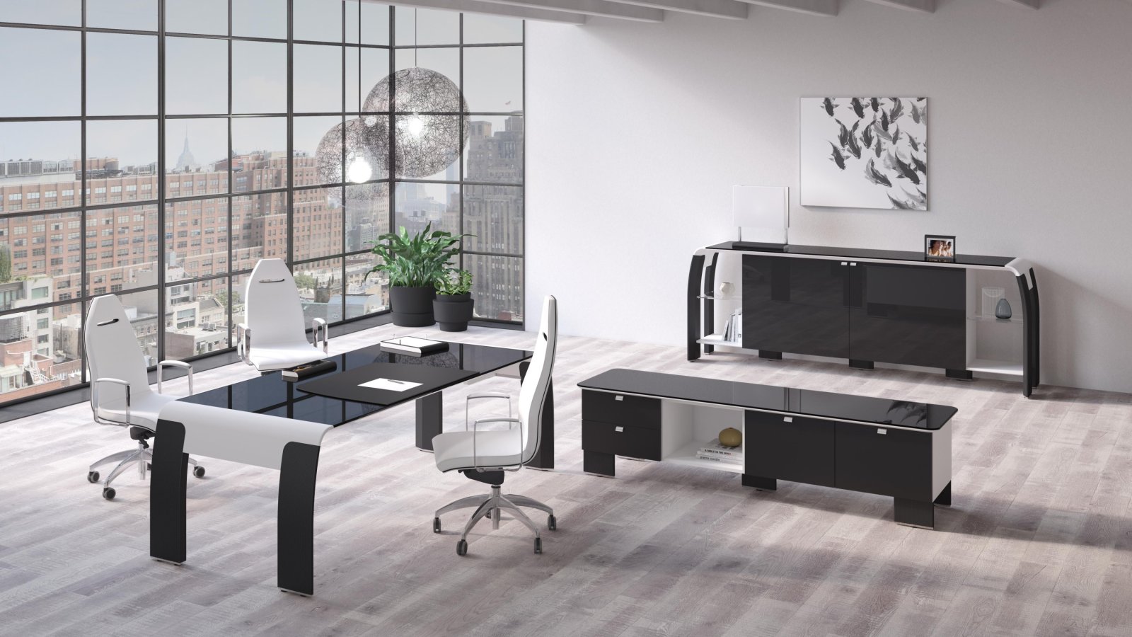 Modern directiebureau AlfaOmega van Codutti, Alfa in wit gelakt glas met carbonleer