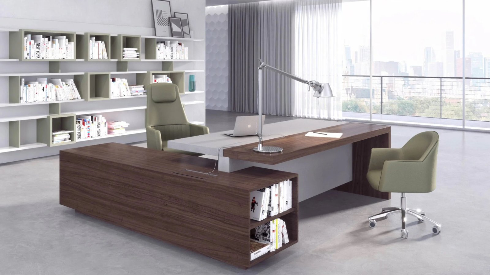 Modern directiebureau Ducale van Estel met haaks servicemeubel en fineerkast op de achtergrond