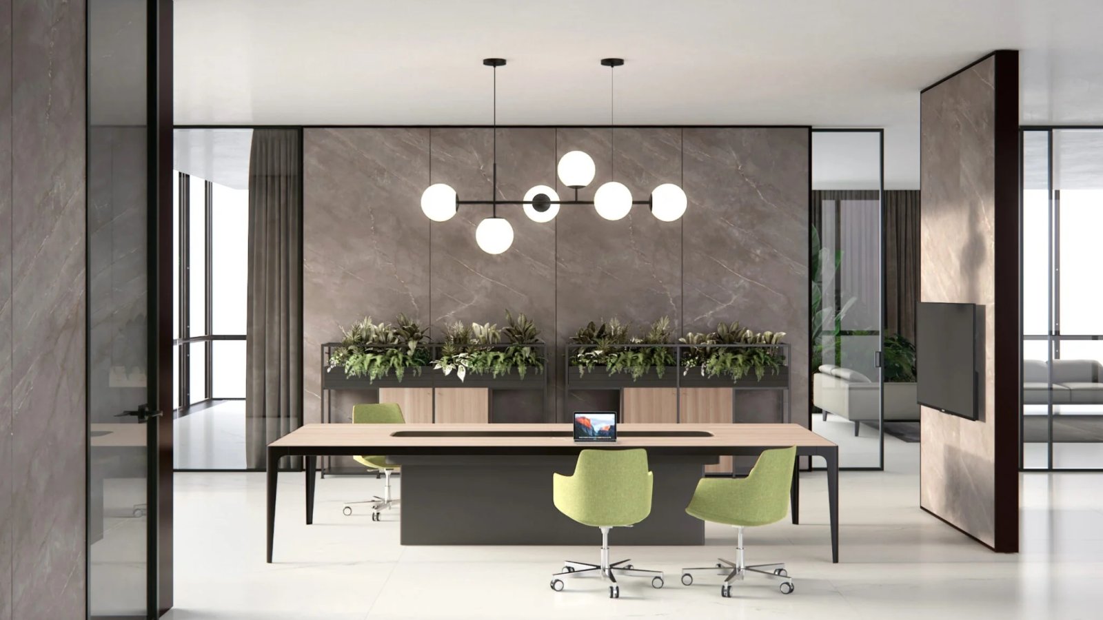 Directiebureau Grand More van Estel met blad van transparant glas op poten in Carbon Glacé