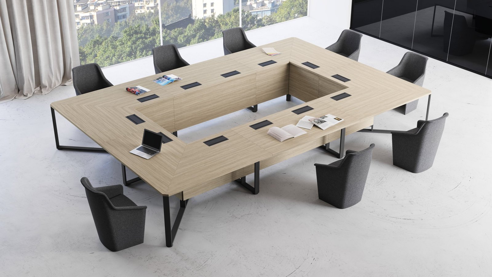 Vergaderzaal met I-Meet-tafel, dressoir en spreekgestoelte van Las Mobili