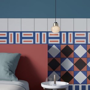 Handgetekend decor Double Red, Mattonelle Margherita in geglazuurd porselein