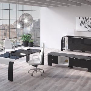 Modern directiebureau AlfaOmega van Codutti, Alfa in wit gelakt glas met carbonleer