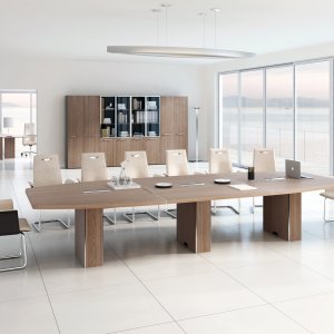 Elliptische vergadertafel Attiva voor 14 met kolomwangen en verchroomde naden