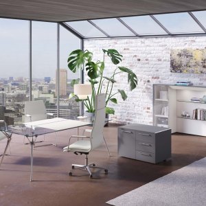 Bijzettafel Genesis met verchroomde kolommen en glazen blad