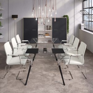 Modulaire vergadertafel Genesis in hout met verchroomd profiel tussen de bladen