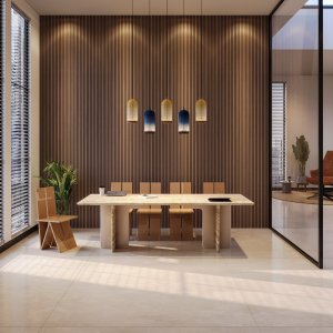 Zestig bij zestig: de Ginza Tower en de vierkante bijzettafel delen dezelfde grondmaat