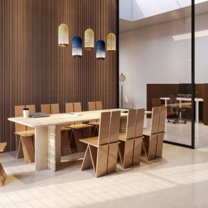 Vergadertafel Ginza van Codutti met blad van Romeins travertijn op twee structurele panelen