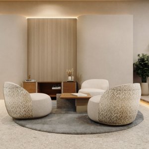 De ronde Ginza met drie fauteuils in een informele zithoek