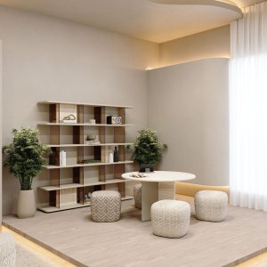 In een glazen vergaderruimte: de Ginza-tafel van Codutti in massief hout