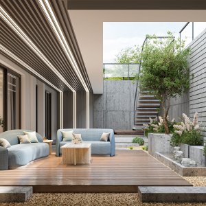 Massief houten versie van vergadertafel Ginza met houten stoelen voor een lattenwand