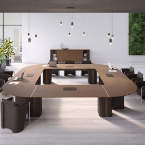 Halfovale AlfaOmega conferentietafel met rugwand tot op de vloer