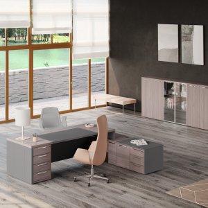 Multifunctioneel aanbouwdeel van het One-bureau met glazen legplanken, pc-vak en tasvak