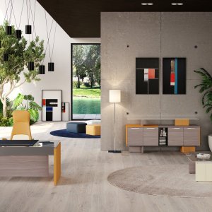 Modulaire vergadertafel One van Codutti voor 14 personen met glas-hout-glas blad