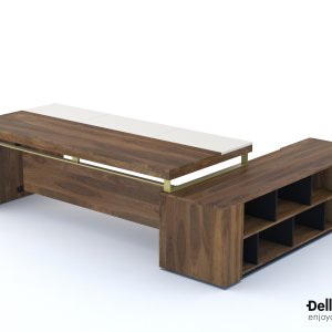 Modern bureau Libra met ivoorkleurig kunstleer op blad en poten