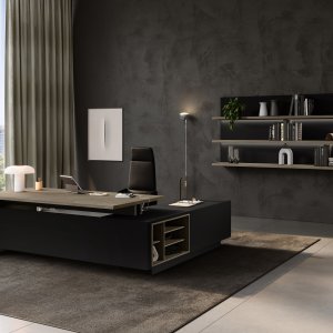 Top-access in zwart aluminium met tweezijdige kantelklep op een Elite vergadertafel