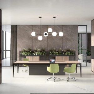 Directiebureau Grand More van Estel met blad van transparant glas op poten in Carbon Glacé
