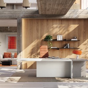 Mux70 directiebureau van Frezza met blad in essen en console in kwarts