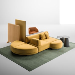 Houten kamerscherm van Node+ met horizontale lamellen naast een zitgroep