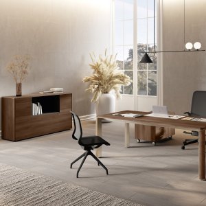 Ronde Iulio-vergadertafel op taps toelopende kolom in Inox Grey