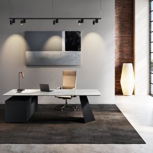 Detail van het keramische Nero Desirè-blad op het Monolith bureau