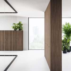 Gesatineerde glasplaten van de Mood-wand schermen een discreet kantoor af