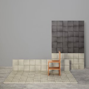 Aurore Charcoal en Light Blue Grid L tegels in contrast gelegd