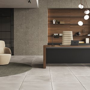 Modern bureau Ono in noten melamine met zwarte aluminium structuur
