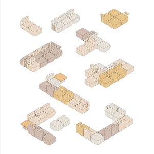 Poef van het systeem One Hundred van Quinti naast een zitmodule