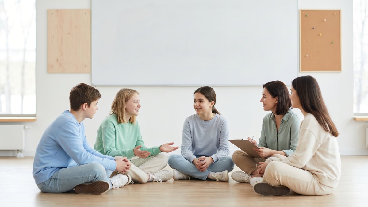 Tieners en volwassenen zitten in een kring op de vloer van een licht klaslokaal, voor een whiteboard