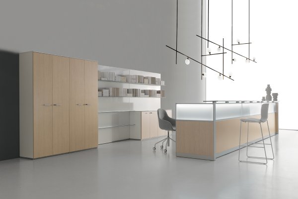 Receptiebalie met verlichte front van mat glas, kasten in licht eiken en open schappen